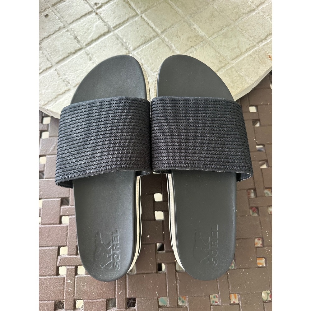 Sorel Roaming Slide Sandals Black Stretch Gore Strap Platform Women 9 LL6026-010